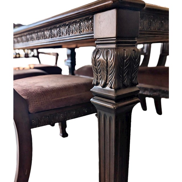 Elegant Intricate Carved Wood Dinning Room Table Set Including 6 Chairs & 2 Additional Leaves For Sale In Savannah - Image 6 of 9