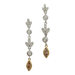 Champagne and White Diamond Dangle Earrings in 18K 2 Tone Gold - A Pair For Sale
