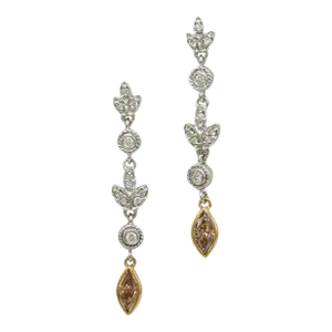 Champagne and White Diamond Dangle Earrings in 18K 2 Tone Gold - A Pair