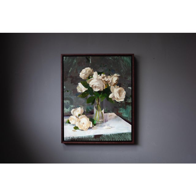 Contemporary Roses on Grey by Jon Doran | Oil on Panel White Roses in Glass Still Life For Sale - Image 9 of 10