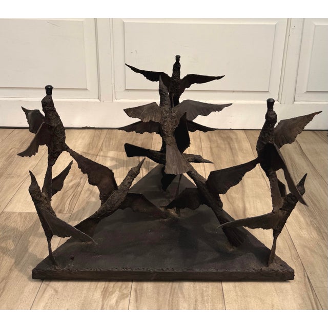 Mid-Century Modern 1970s Brutalist Sculptural Birds in Flight Welded Steel & Glass Coffee Table For Sale - Image 3 of 12