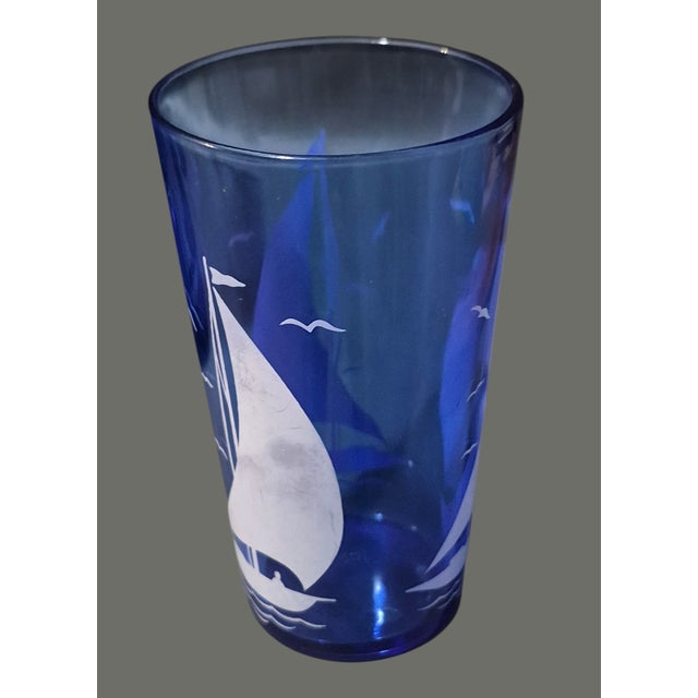 Mid-Century Modern Vintage Hazel Atlas Sportsman Cobalt Blue Nautical Sail Boat Ice Bucket Two Glasses For Sale - Image 3 of 7