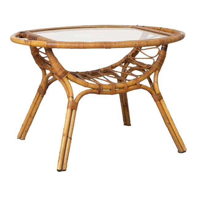 1960s Italian Rattan and Glass Gueridon Table For Sale