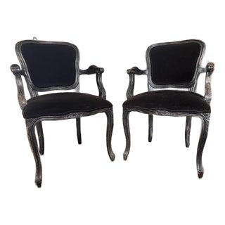 Pair of French Provincial Armchairs in Black Velvet - Regency Style For Sale