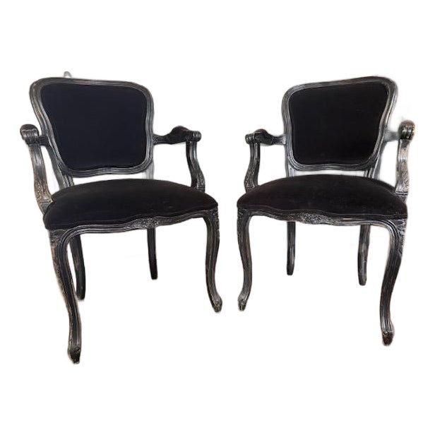 Pair of French Provincial Armchairs in Black Velvet - Regency Style For Sale