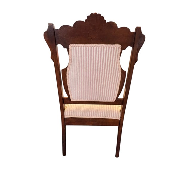 Pink Antique Victorian Carved Wood Armchair With Striped Silk Upholstery For Sale - Image 8 of 10