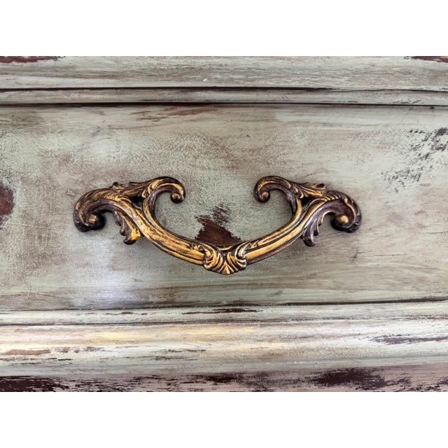 Green Vintage French Provincial Distressed Green Bombe Chest of Drawers With Marble Top For Sale - Image 8 of 8