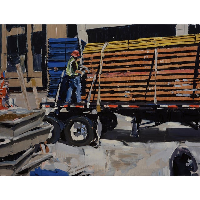 This oil painting depicts a solitary figure on a truck, engaged in the task of securing wooden planks with a sense of...