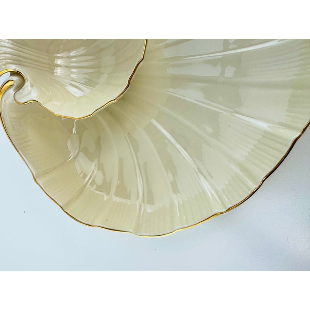 1970s Vintage Lenox Ivory Porcelain Shell Serving Platter With Gold Trim and Dip Bowl For Sale - Image 5 of 12