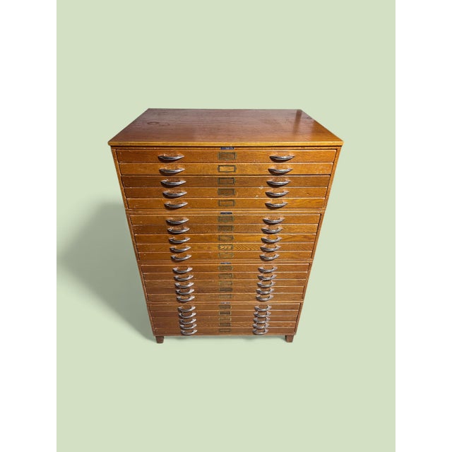 American Vintage Mayline Stackable Wood Flat File Cabinets Four Sections With Original Base & Top. For Sale - Image 3 of 12