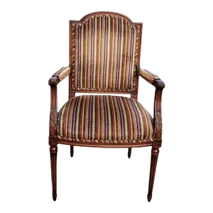 Louis XVI Style Carved Mahogany Striped Upholstered Arm Chair