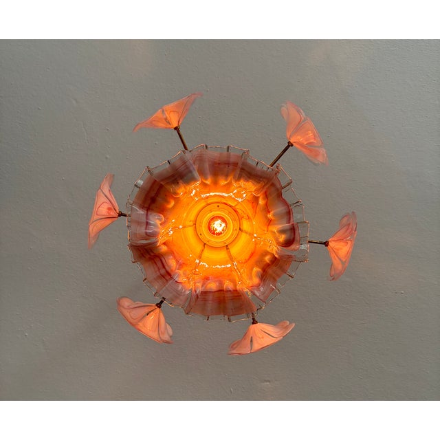 Italian Vintage Murano Glass Ruffled Floral Pendant Light – Pink Swirl & Daisy Shades For Sale - Image 3 of 18