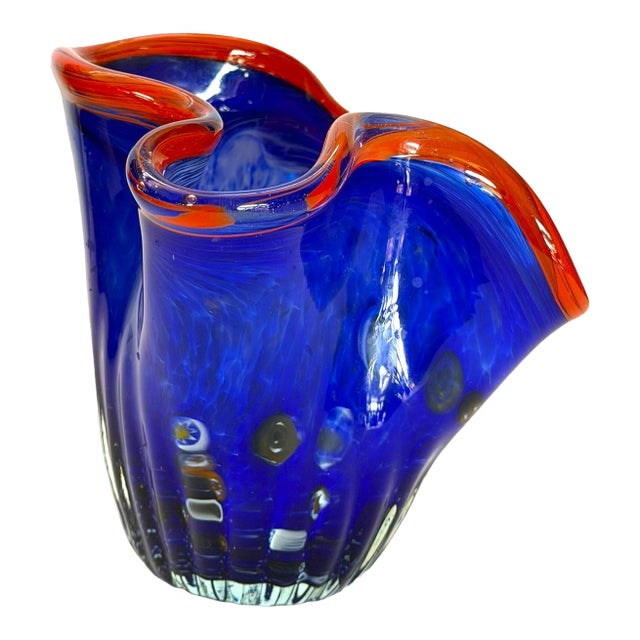 Charming Hand-Blown Small Ruffled Blue Handkerchief Vase With Red Rim in the Style of Dave Chihuly For Sale