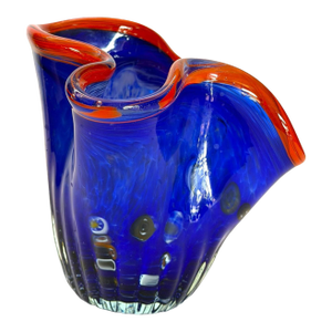 Charming Hand-Blown Small Ruffled Blue Handkerchief Vase With Red Rim in the Style of Dave Chihuly
