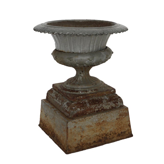 Metal Antique Fiske School Cast Iron Garden Urn On Plinth, Circa 1890 For Sale - Image 7 of 7