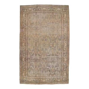 1920s Antique Allover Design Floral Rug Beige Tan Blue Wool Hand-Knotted Rug - 10’9” X 17’3”