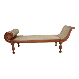 Vintage Carved Mahogany & Caned Recaned, Settee or Daybed With Cushion For Sale