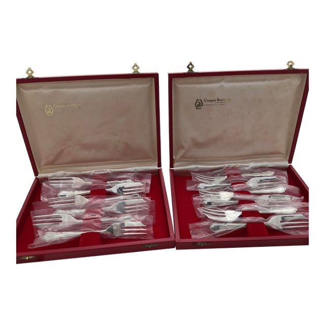 1970s Silver Set of 12 Pastry Forks, Du Barry with Red Cases- Set of 12 For Sale