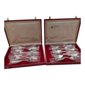 1970s Silver Set of 12 Pastry Forks, Du Barry with Red Cases- Set of 12