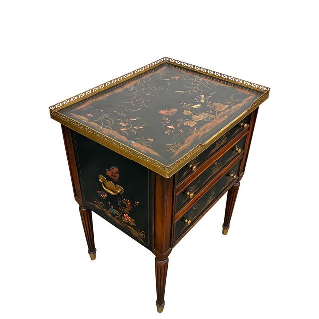 Chinoiserie Vintage Theodore Alexander Hand-Painted Chinoiserie Three-Drawer Accent Chest With Brass Gallery For Sale - Image 3 of 12