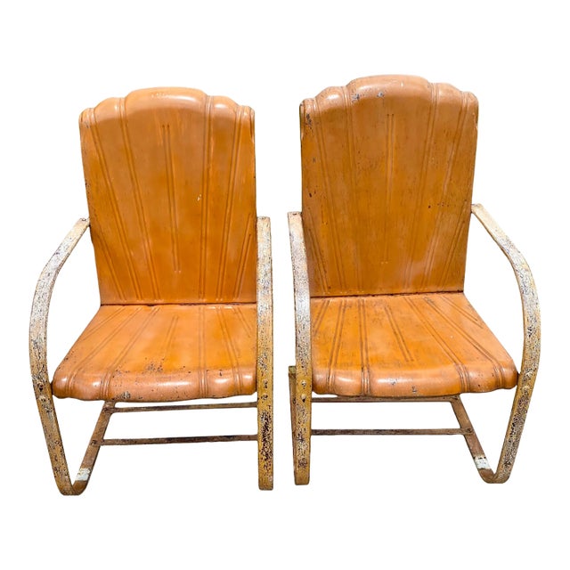 Vintage 1940s Outdoor Metal Lounge Chairs a Pair Cleveland Welding "Restmaster", Pair For Sale