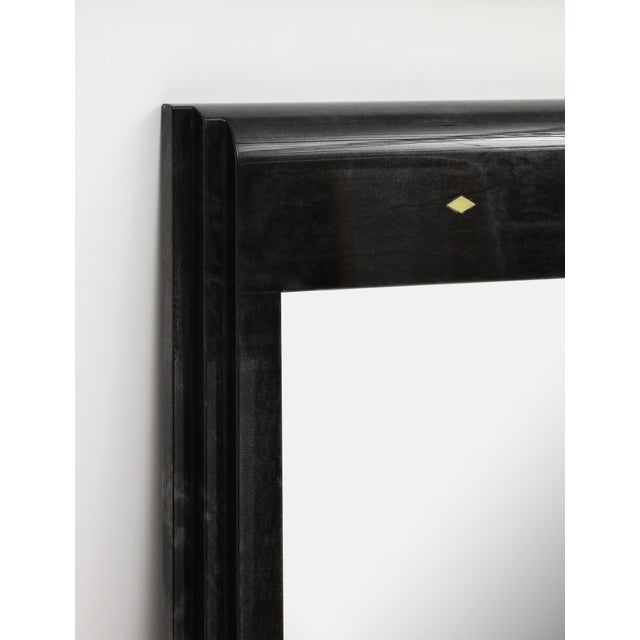 Karl Springer Style Black Goat Skin Wall Mirror With Gold Leaf Accents For Sale - Image 10 of 16