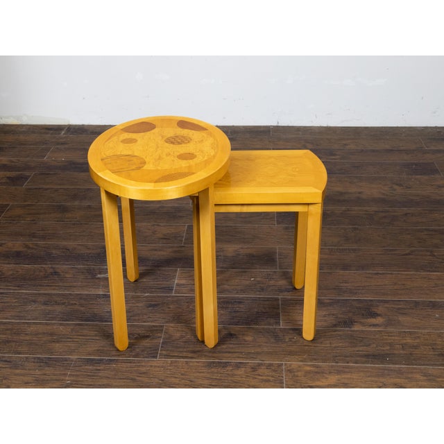 Wood Mid 20th Century Baker Furniture Art Deco Style Nesting Tables with Whimsical Geometric Motifs For Sale - Image 7 of 12