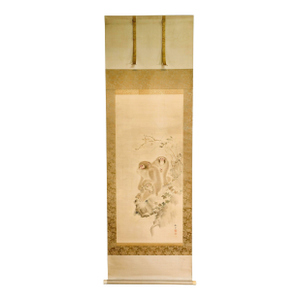 19th Century Japanese Silk Scroll Painting of Moneys Edo Period Mori Tetsuzan
