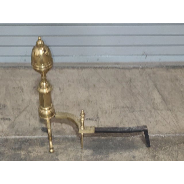Traditional Mid 20th Century Pair of Virginia Metalcrafters Brass Fireplace Andirons With Log Holders For Sale - Image 3 of 5