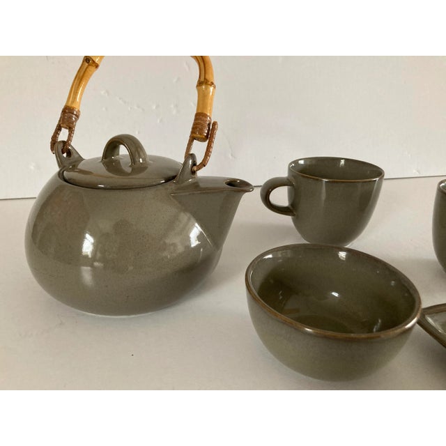 Vintage Forelife ceramic tea set in moss green. Six piece set, bamboo handle.