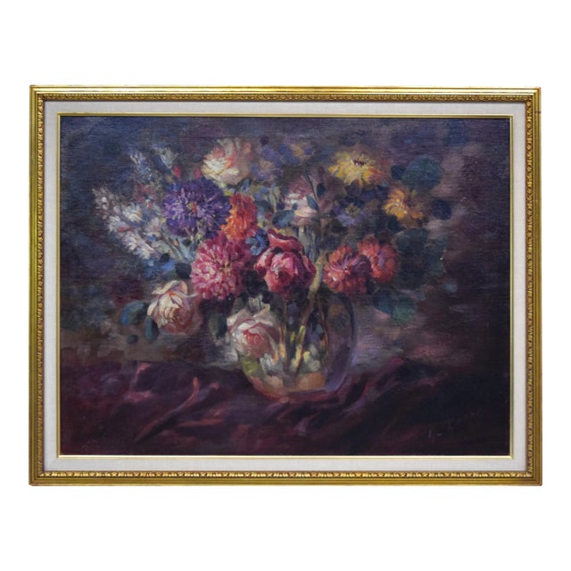 Large Vintage Floral Still Life Oil Painting With Roses For Sale