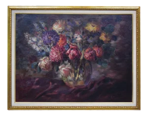 Large Vintage Floral Still Life Oil Painting With Roses