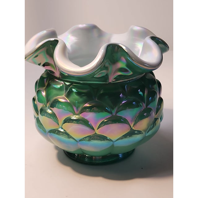 Artichoke Vintage Fenton Jacqueline Opalescent Cased Glass Green Vase Bowl For Sale - Image 10 of 10