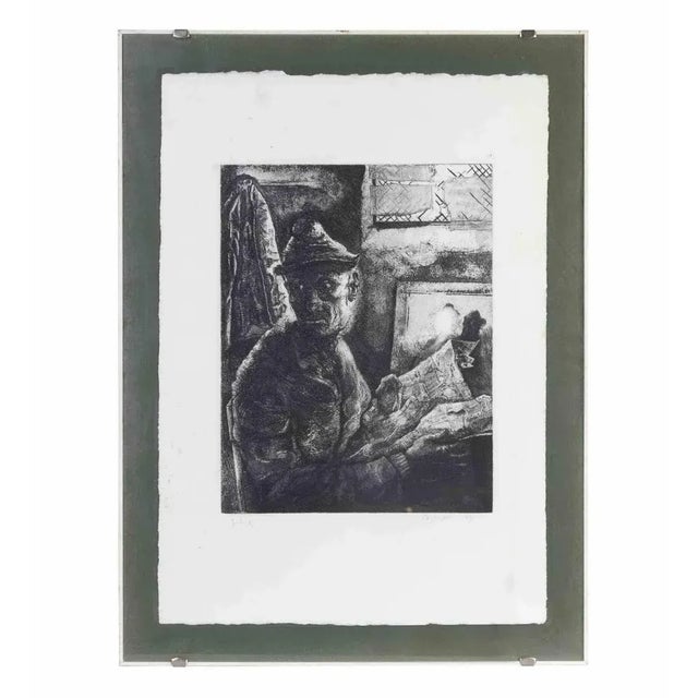 Man with Newspaper is anl artwork realized by the Italian artist Piero Cesaroni (Brescia, 1944) in 1973. Original Black...