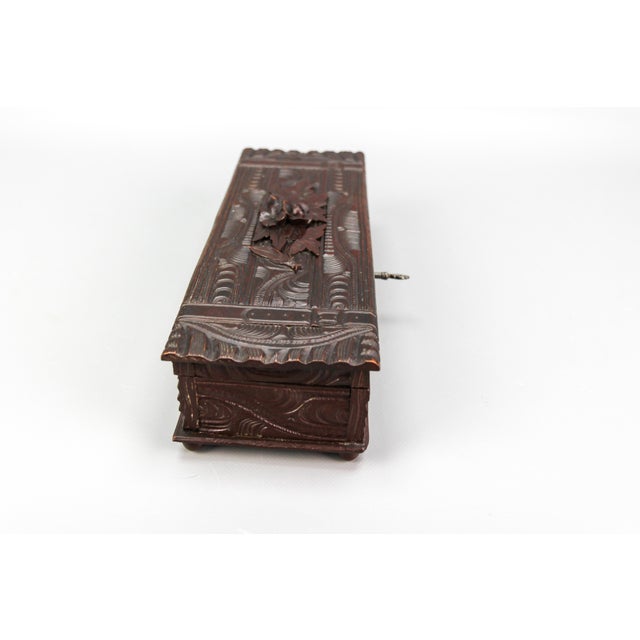Antique Swiss Black Forest Dark Brown Carved Wood Glove Box, Ca. 1900s For Sale - Image 6 of 18