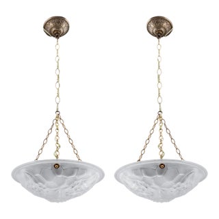 1930s Pair of Art Deco Bowl Chandeliers With Floral Motifs For Sale