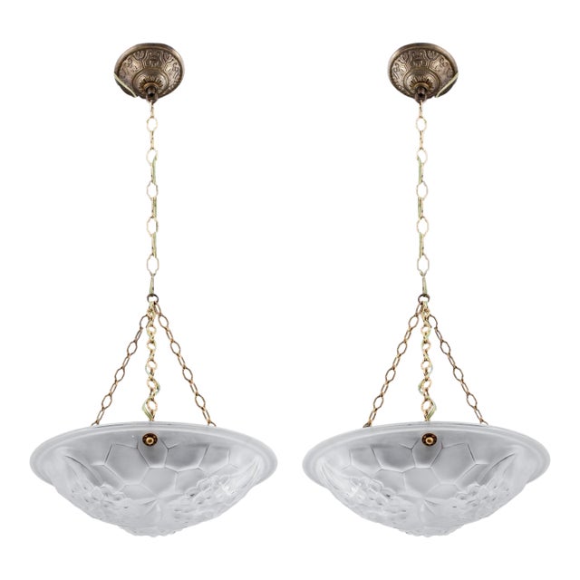 1930s Pair of Art Deco Bowl Chandeliers With Floral Motifs For Sale
