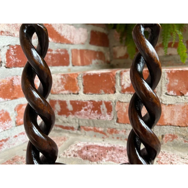 Wood Pair Set Antique English Oak Open Barley Twist Candlesticks Candle Holder Brass For Sale - Image 7 of 12