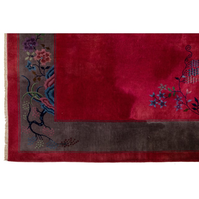 Red Art Deco Chinese Wool Rug With Floral Motif From the 1920s For Sale - Image 9 of 11