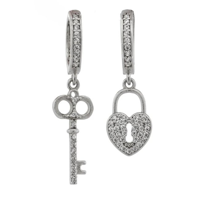 Metal My Heart Is Yours Key & Heart Lock Silver Diamond Earrings, A Pair For Sale - Image 7 of 7