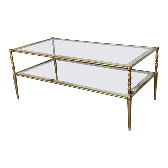 Mid-Century Modern Two-Tier Brass and Beveled Glass Rectangular Side Table For Sale