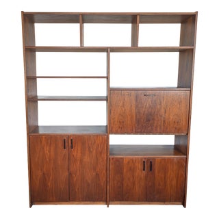 1960s Mid-Century Modern Walnut Room Divider Wall Unit With Drop-Down Desk For Sale