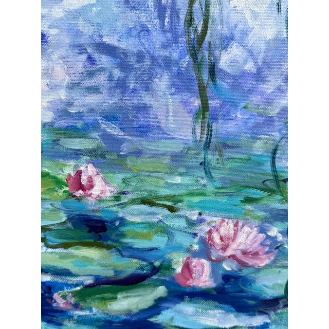 Mid 20th Century Mid 20th Century Erwin Steinhauser in style of Oscar-Claude Monet Pink Water Lilies Under the WIllow on Blue Impressionist Landscape Oil Painting For Sale - Image 5 of 5