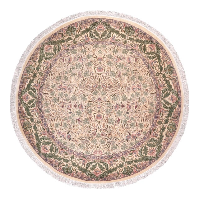 Shabby Chic 1990's Floral Pak-Persian Beige/Green Wool Round Rug- 8'1'' X 8'2'' For Sale