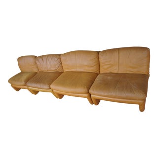 1980s Vintage Distressed Italian Leather Modular Sectional Lounge Chairs - Set of 4 For Sale