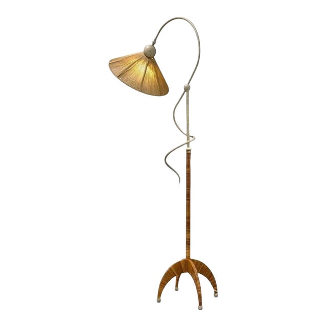 Sculptural Split Reed Cane Rattan Floor Lamp Woven Rope Shade Spherical Metal Feet For Sale