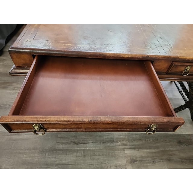 Brown Vintage PTMC Regency-Style Writing Desk With Carved X-Form Base For Sale - Image 8 of 9