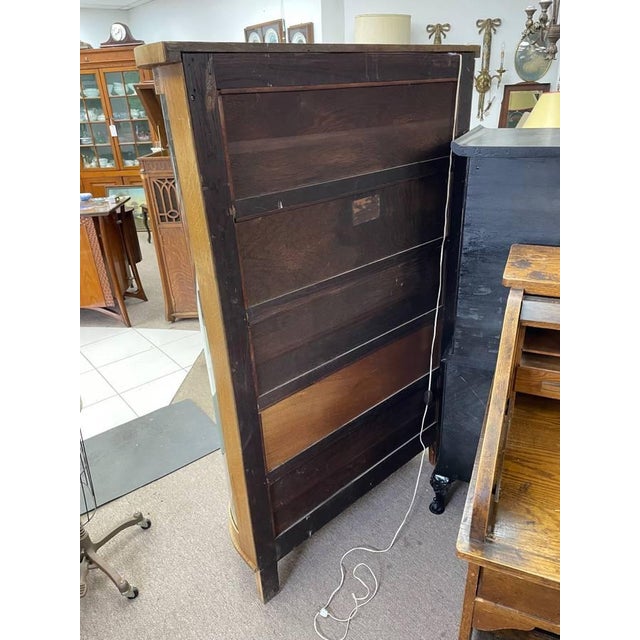 Antique Tiger Oak, Lighted Curio Cabinet, Four Glass Shelves, Hand Carved, Glass Door For Sale - Image 4 of 13