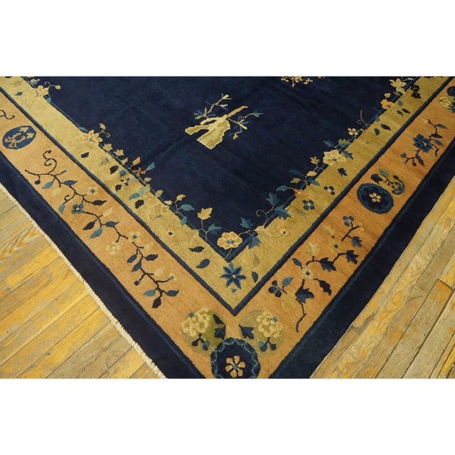 1920s Antique Chinese Floral Navy Deep Serene Landscape Deco Peking Knotted Rug For Sale In New York - Image 6 of 10