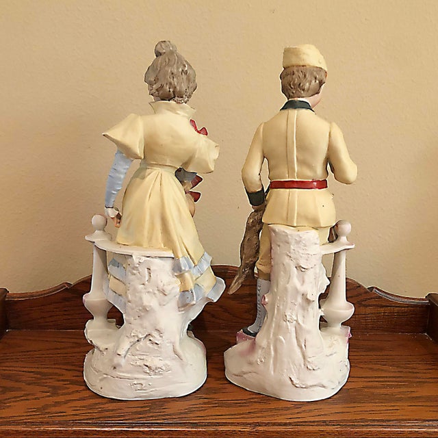 Early 20th Century Antique Bisque Porcelain Figurine Pair - Victorian Hunter Boy & Lady For Sale - Image 5 of 11